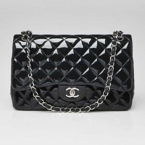 Chanel Dark Blue Quilted Patent Leather Classic Jumbo Double Flap Bag